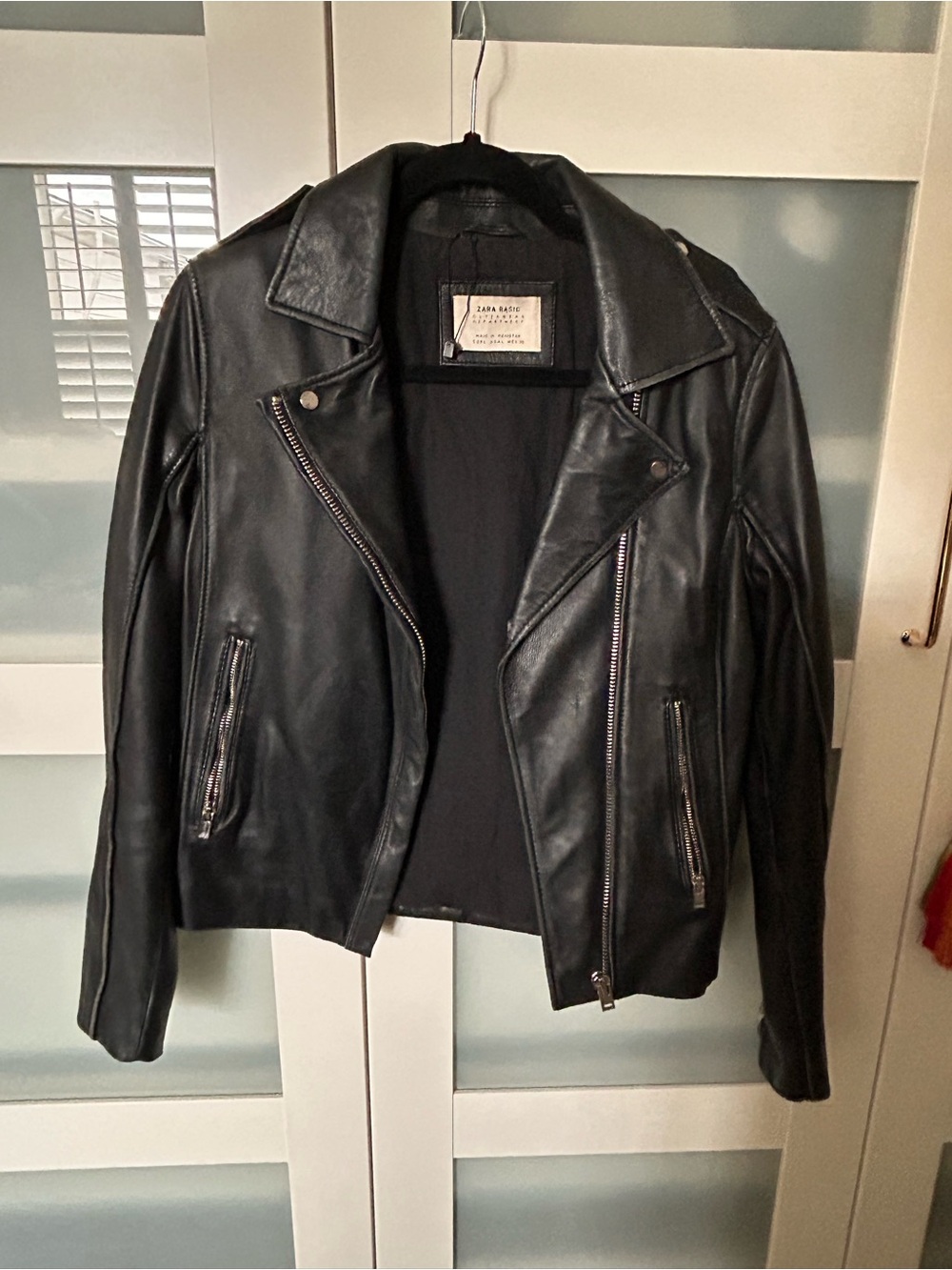 Zara Black Leather Biker Jacket with zipper detailing